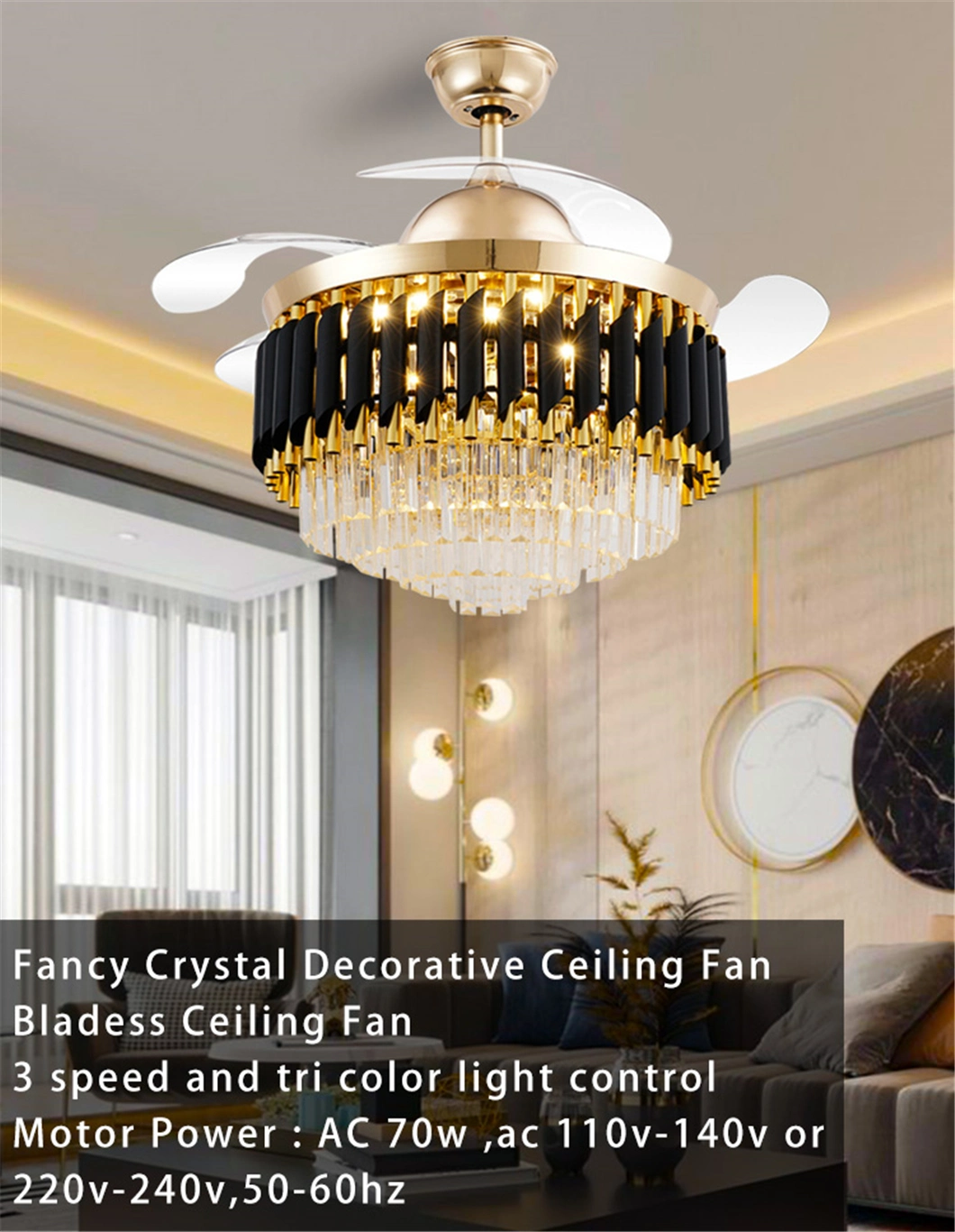 Fancy Ceiling Fan Light Retractable Blades K9 Crystal Lamp Shade 220V 240V Ceiling LED Fan