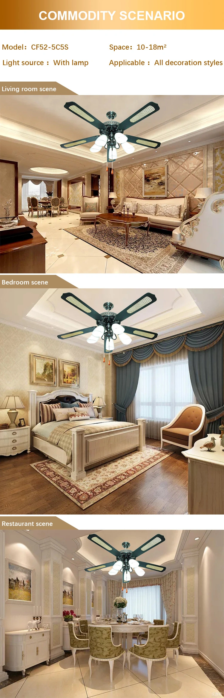 Luxury Modern Deluxe Decorative Best Energy Saving Motor Solid Wood Blade 52 Inch Ceiling Fan with Light